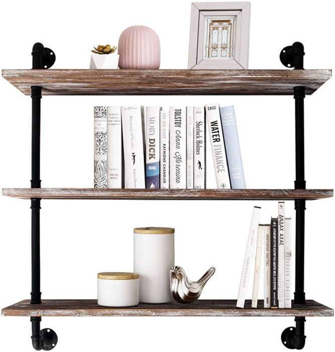 Industrial Pipe Bookcase Shelf Retro Floating Wood Shelving, Weatherd Brown Z26169