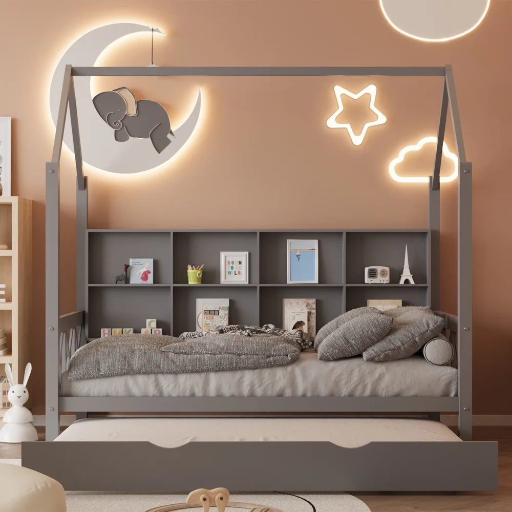 Twin House Bed with Trundle and Storage Shelve E347241