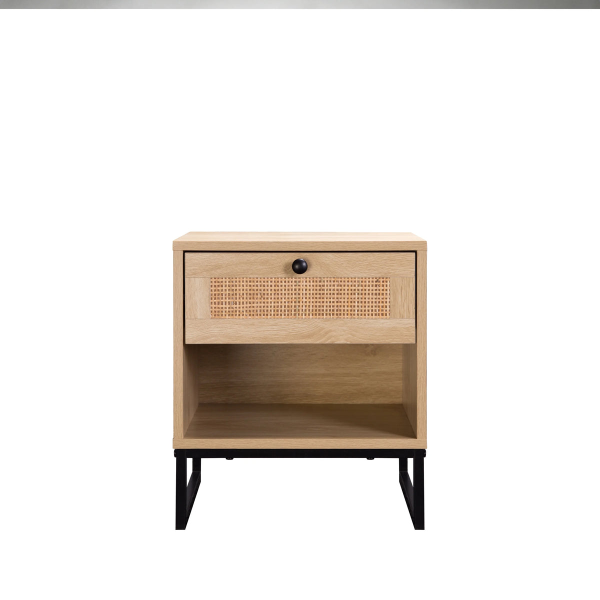 Coastal Modern Side Table with Drawer Natural Wood Top Black Metal Legs X304
