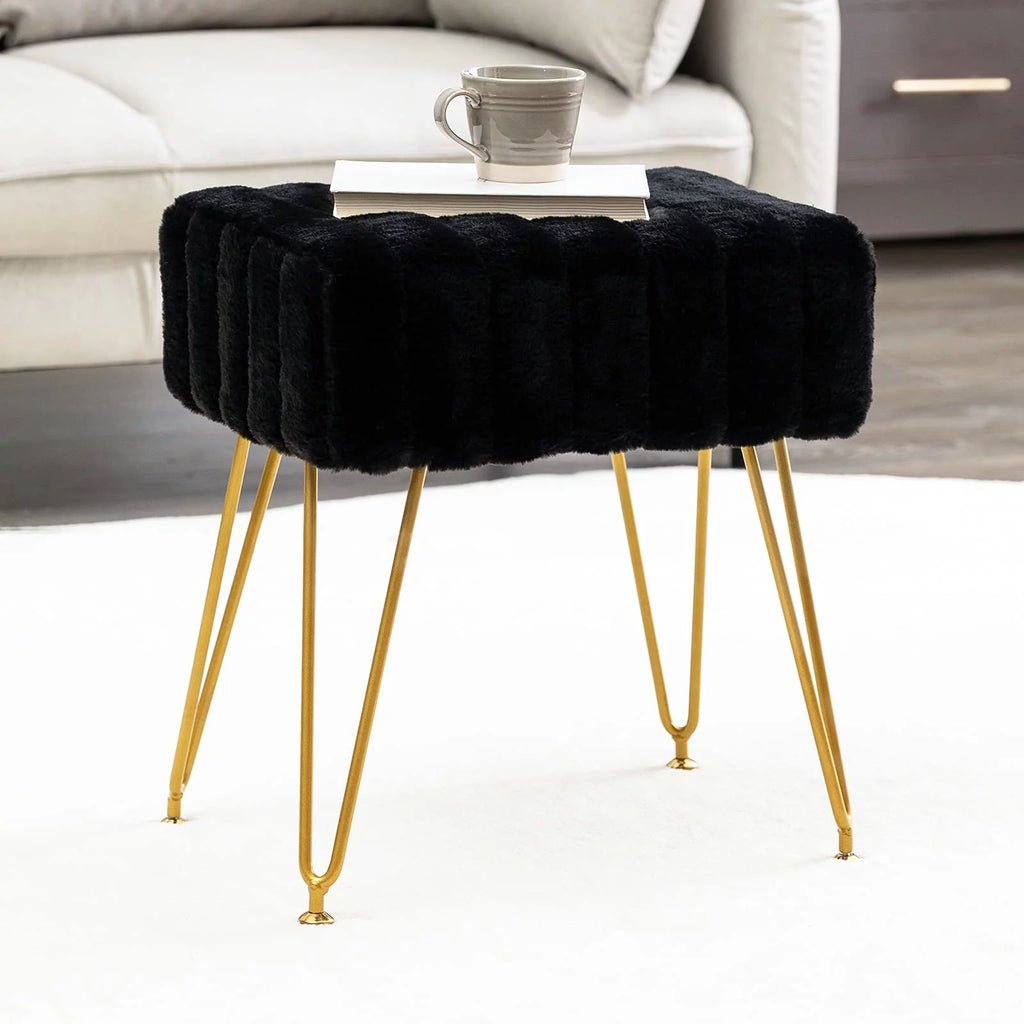 Black Faux Fur Vanity Stool with Golden Metal Legs C23833