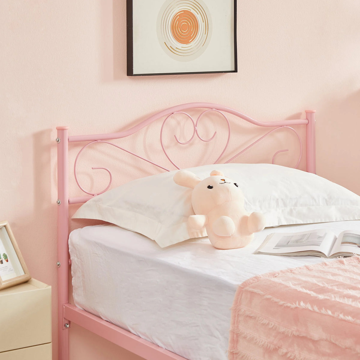 Set of 2 Twin Size White Metal Platform Bed Frame with Headboard M199