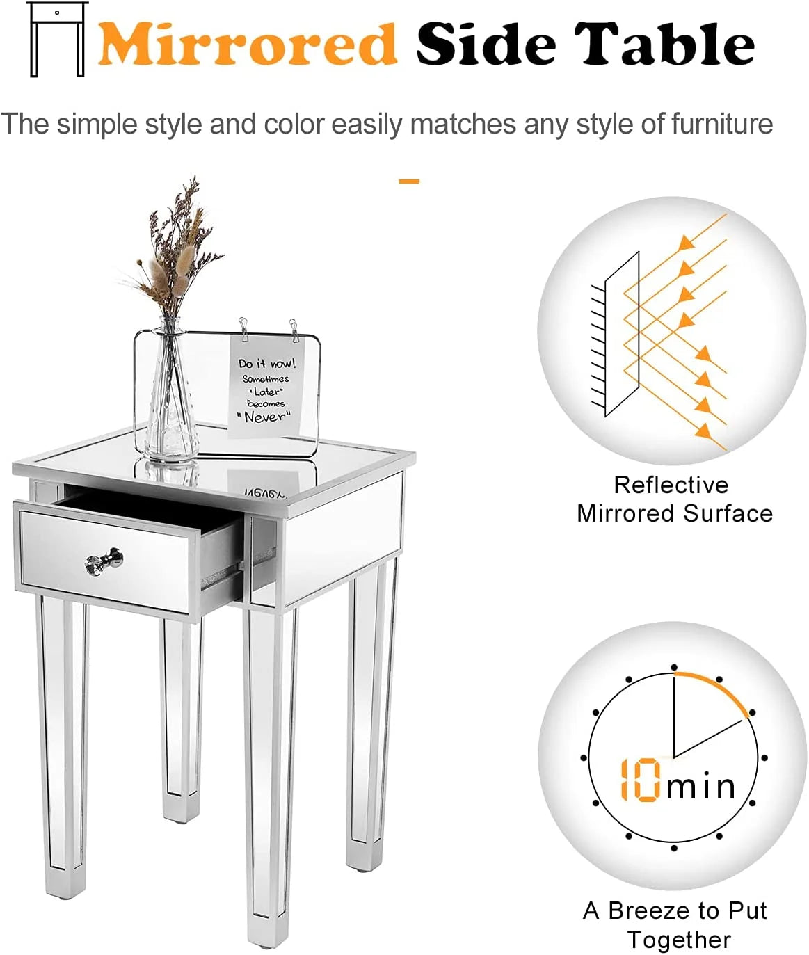 Mirrored End Table with Drawer Silver 15.7" L x 15.7" W x 24" H K8032