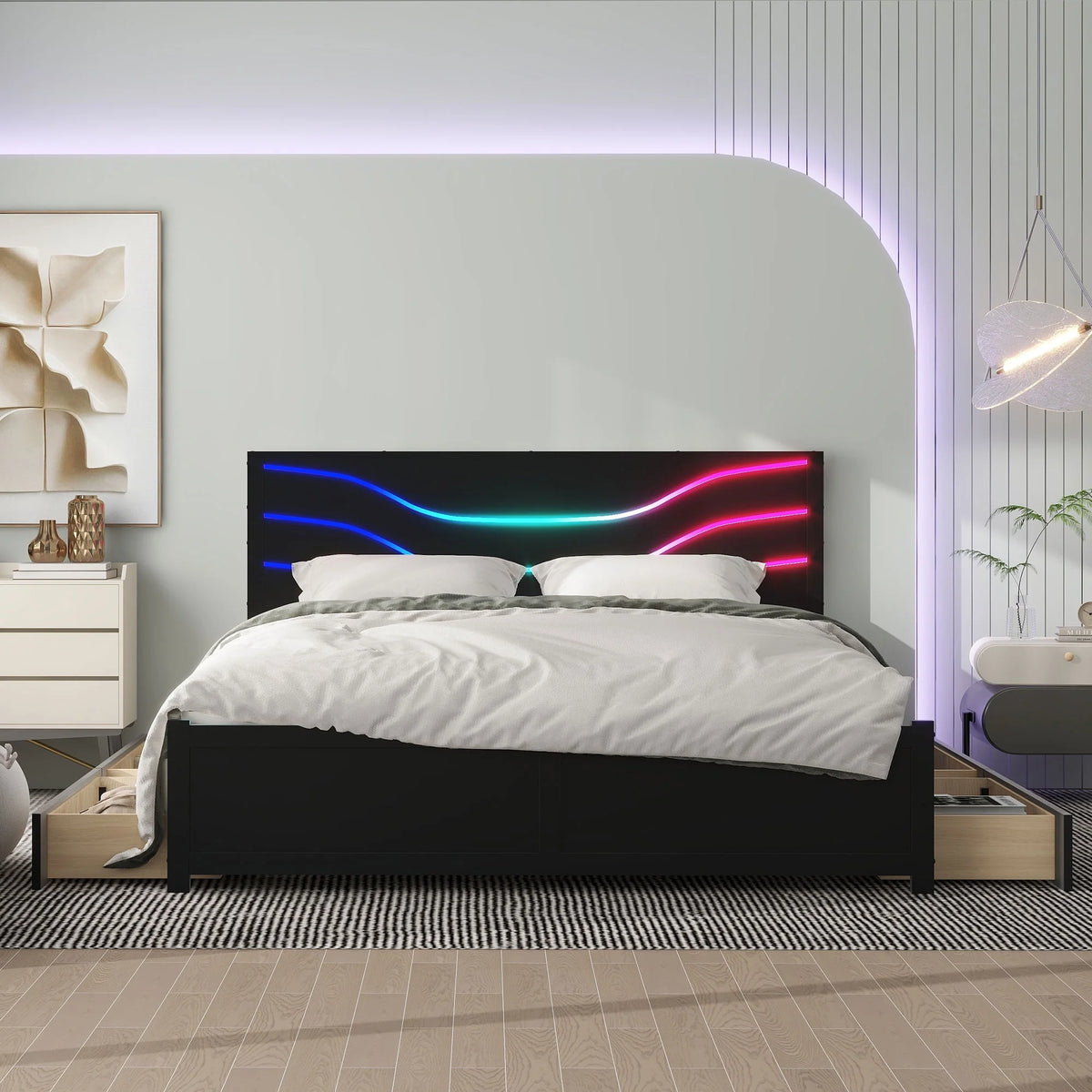 Queen Size Platform Bed with LED Light and 4 Storage Drawers O782523