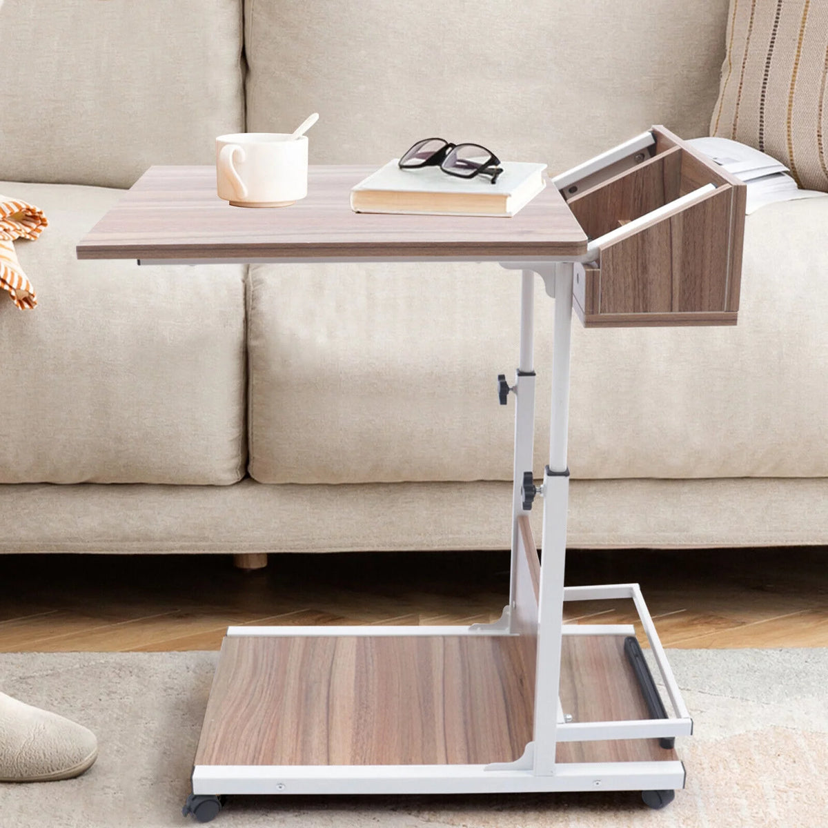 C Shaped Side Table with Storage & Wheels X530450