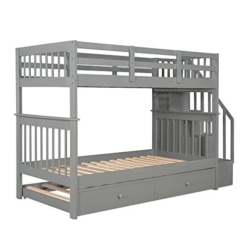 White Twin Over Twin Solid Wood Bunk Bed with Stairs and Trundle I985680