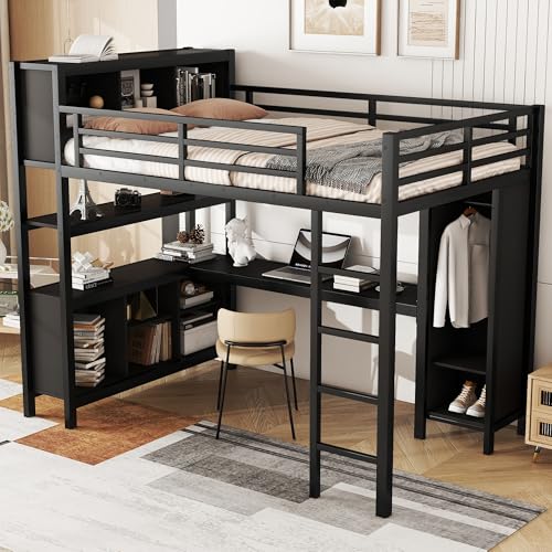 Full Size Black Metal Loft Bed with Wardrobe and Desk U56291