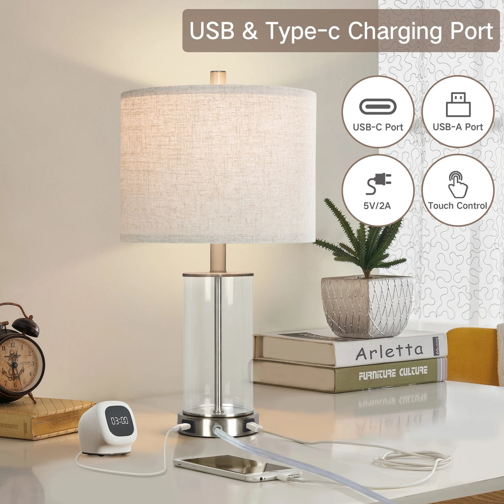 21.5" Modern Table Lamps Set of 2, 3 Way Dimmable Touch Lamps with USB C+A W92777
