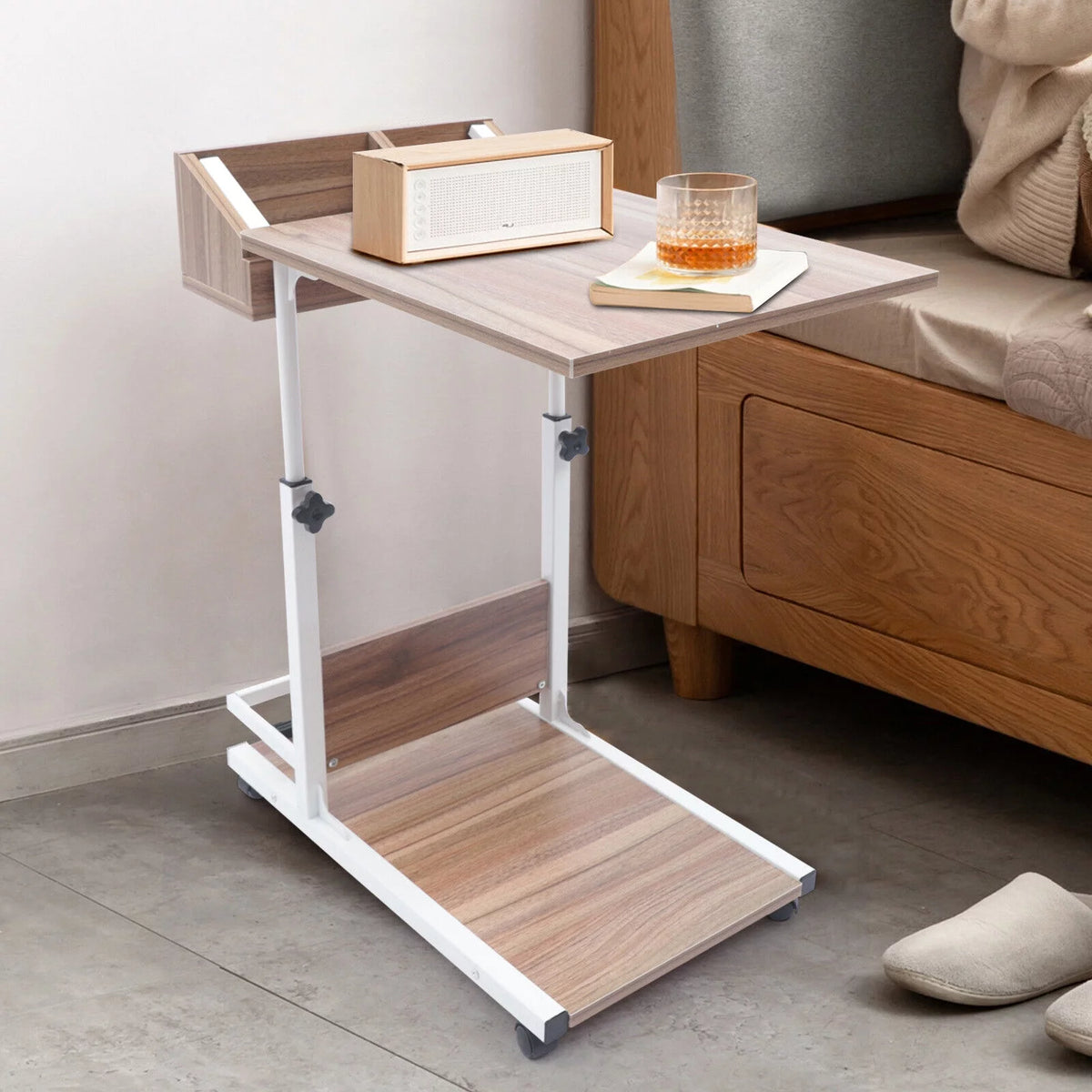 C Shaped Side Table with Storage & Wheels X530450