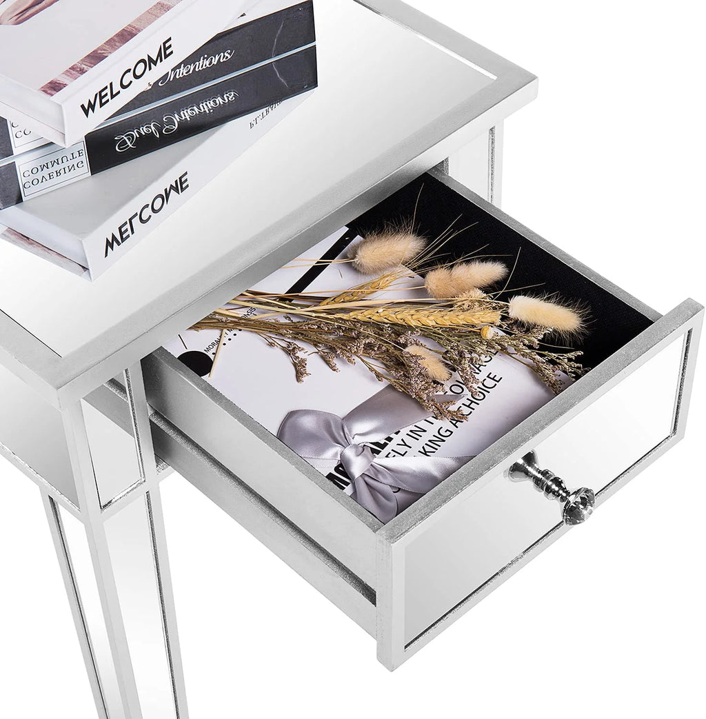 Mirrored End Table with Drawer Silver 15.7" L x 15.7" W x 24" H K8032