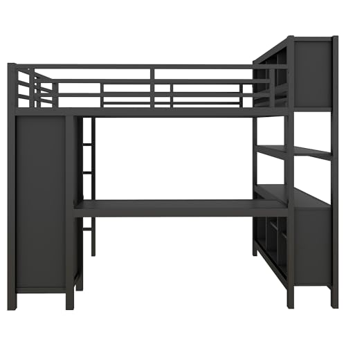 Full Size Black Metal Loft Bed with Wardrobe and Desk U56291