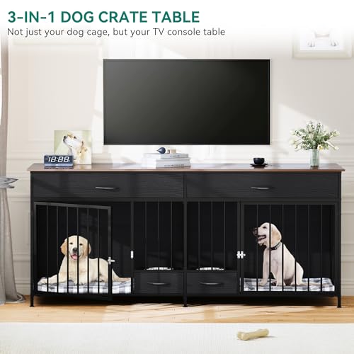Brown Wooden Double Dog Crate TV Stand with Storage R956941