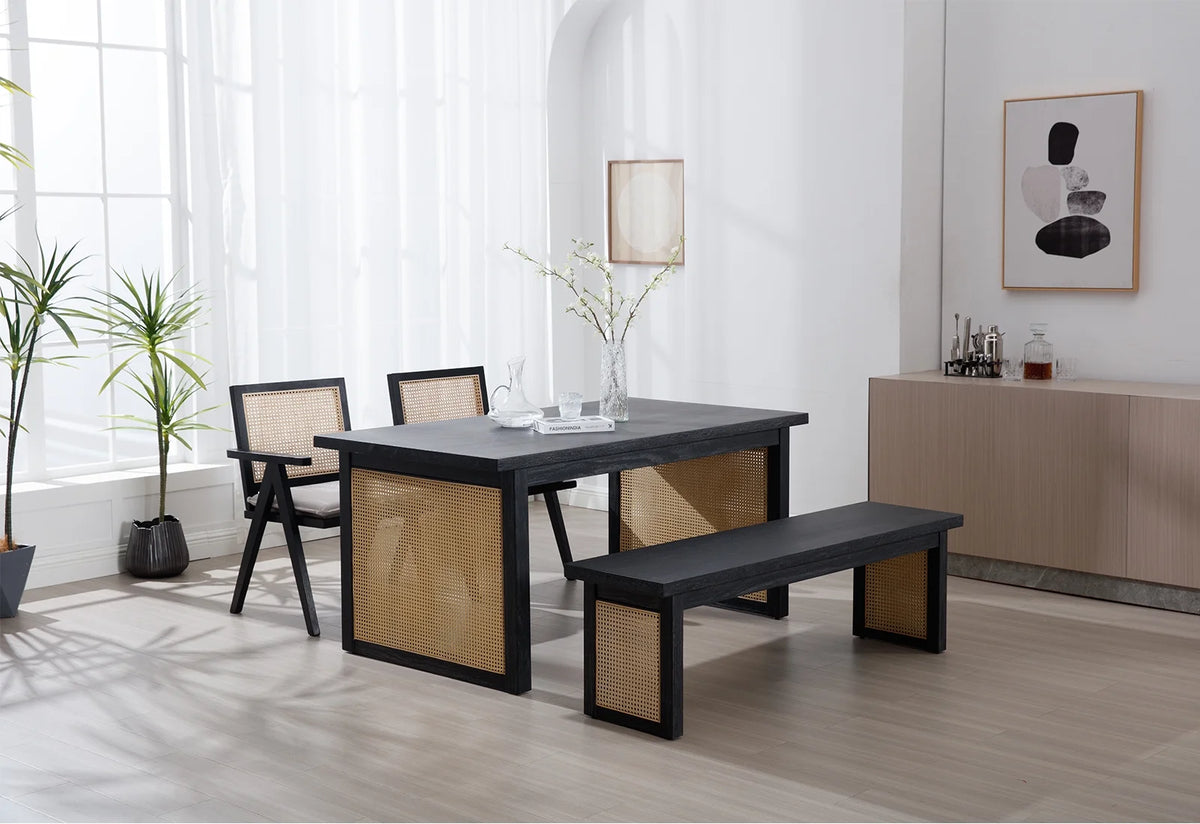 63" Solid Wood Rectangular Dining Table with Rattan Legs E306026