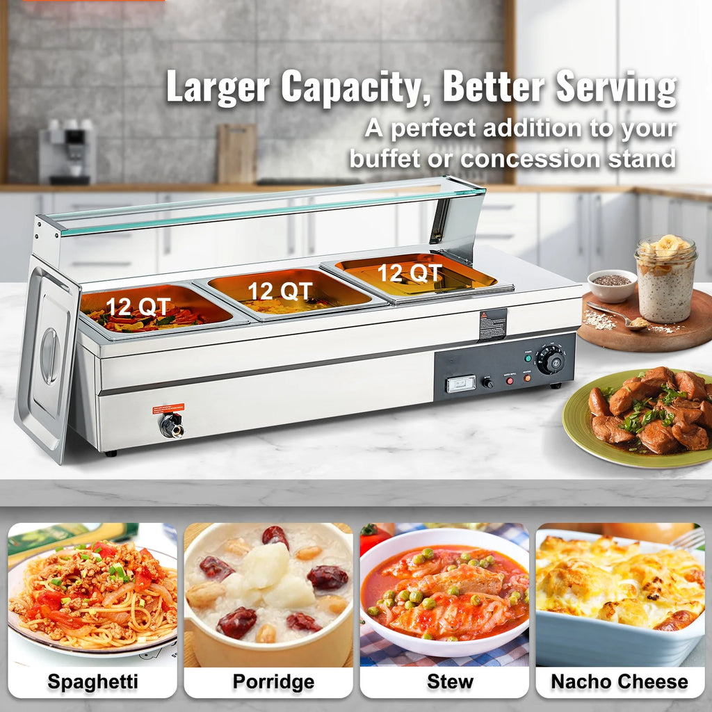 3*12Qt Commercial Food Warmer with Glass Shield Y8522