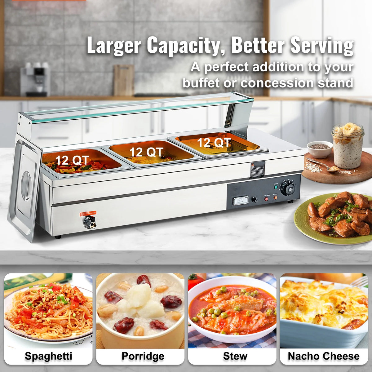 3*12Qt Commercial Food Warmer with Glass Shield Y8522