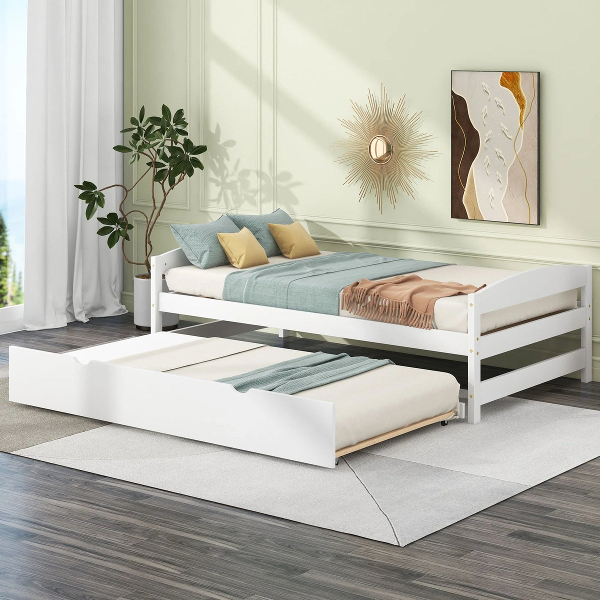 Twin Platform Bed with Trundle and Wooden Slats O486