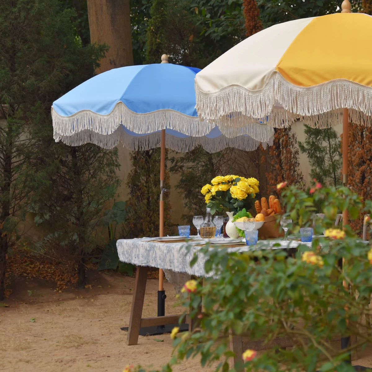 6Ft Fringe Patio Umbrella with Tassels & Carry Bag Wood Blue N9591