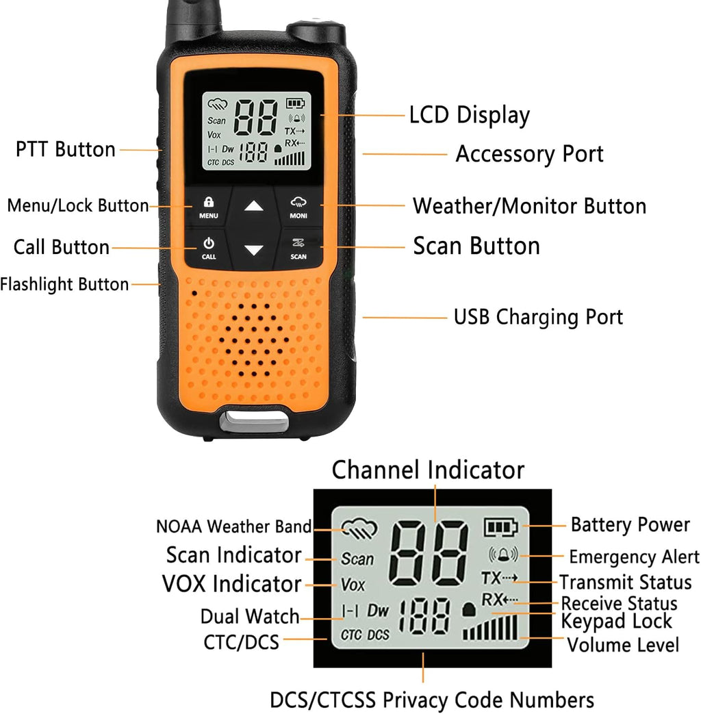 Orange 4 Pack Rechargeable NOAA Walkie Talkies with Earpiece and Mic Y30705