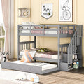 White Twin Over Twin Solid Wood Bunk Bed with Stairs and Trundle I985680