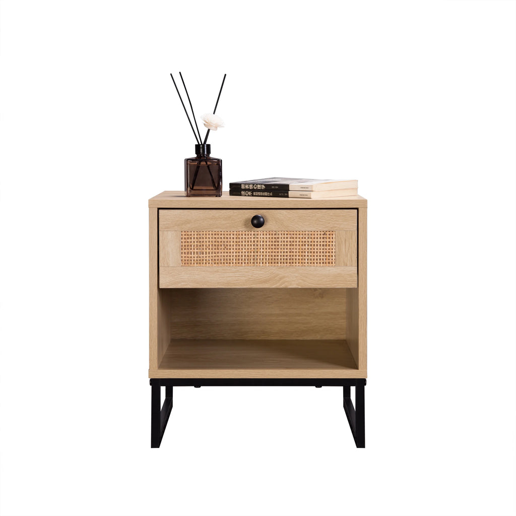 Coastal Modern Side Table with Drawer Natural Wood Top Black Metal Legs X304