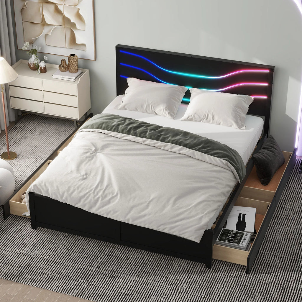 Queen Size Platform Bed with LED Light and 4 Storage Drawers O782523