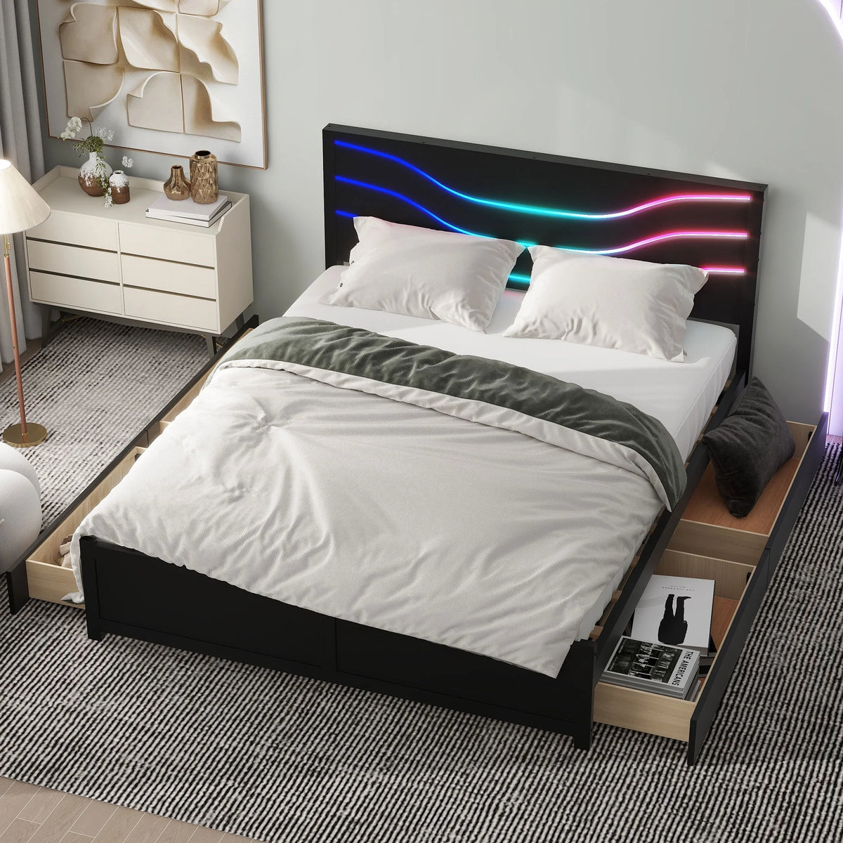 Queen Size Platform Bed with LED Light and 4 Storage Drawers O782523