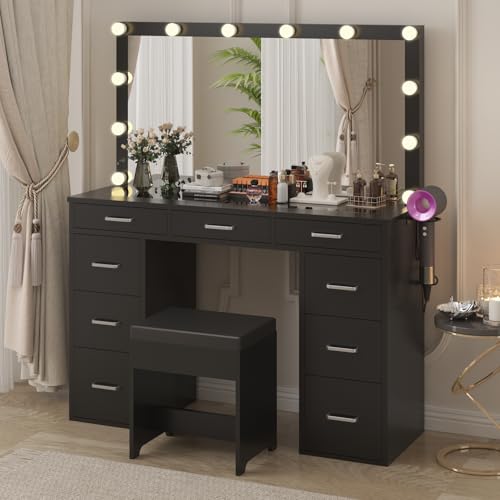 White Vanity Desk Set with Mirror and Lights, Glass Top, 9 Drawers, Power Outlet, Chair Y1688