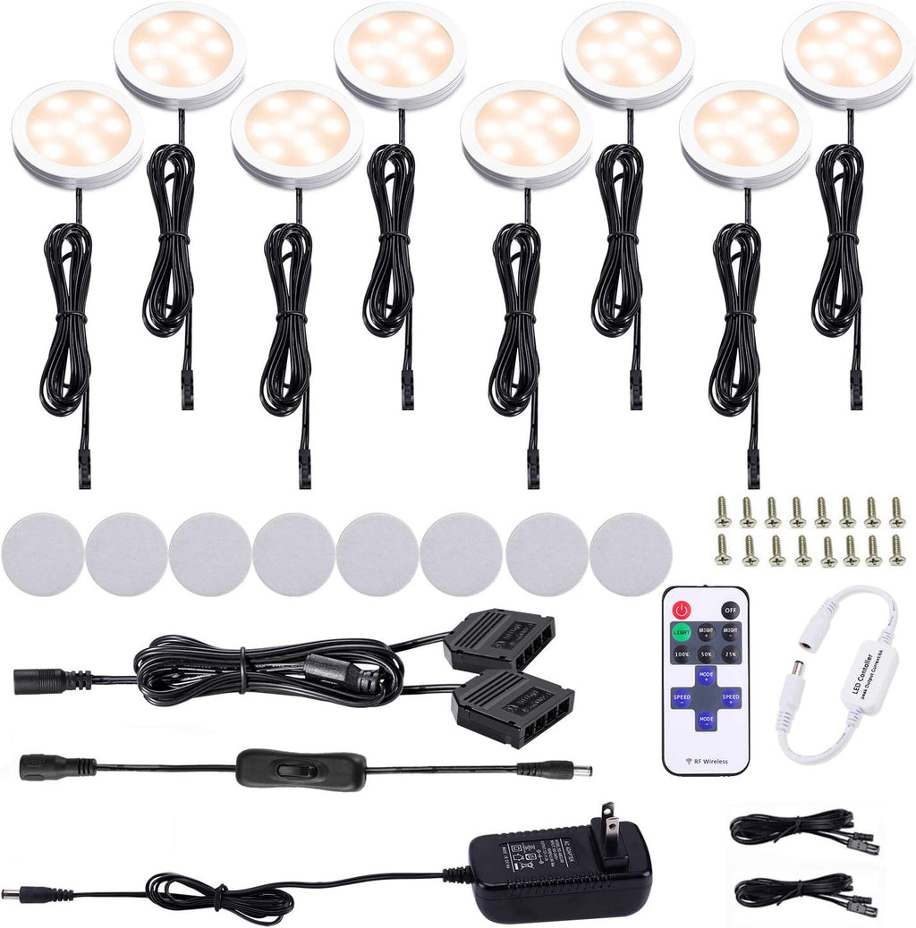 Black Cord Aluminum Puck Lights 8 Pack Dimmable with RF Wireless Remote Control V646