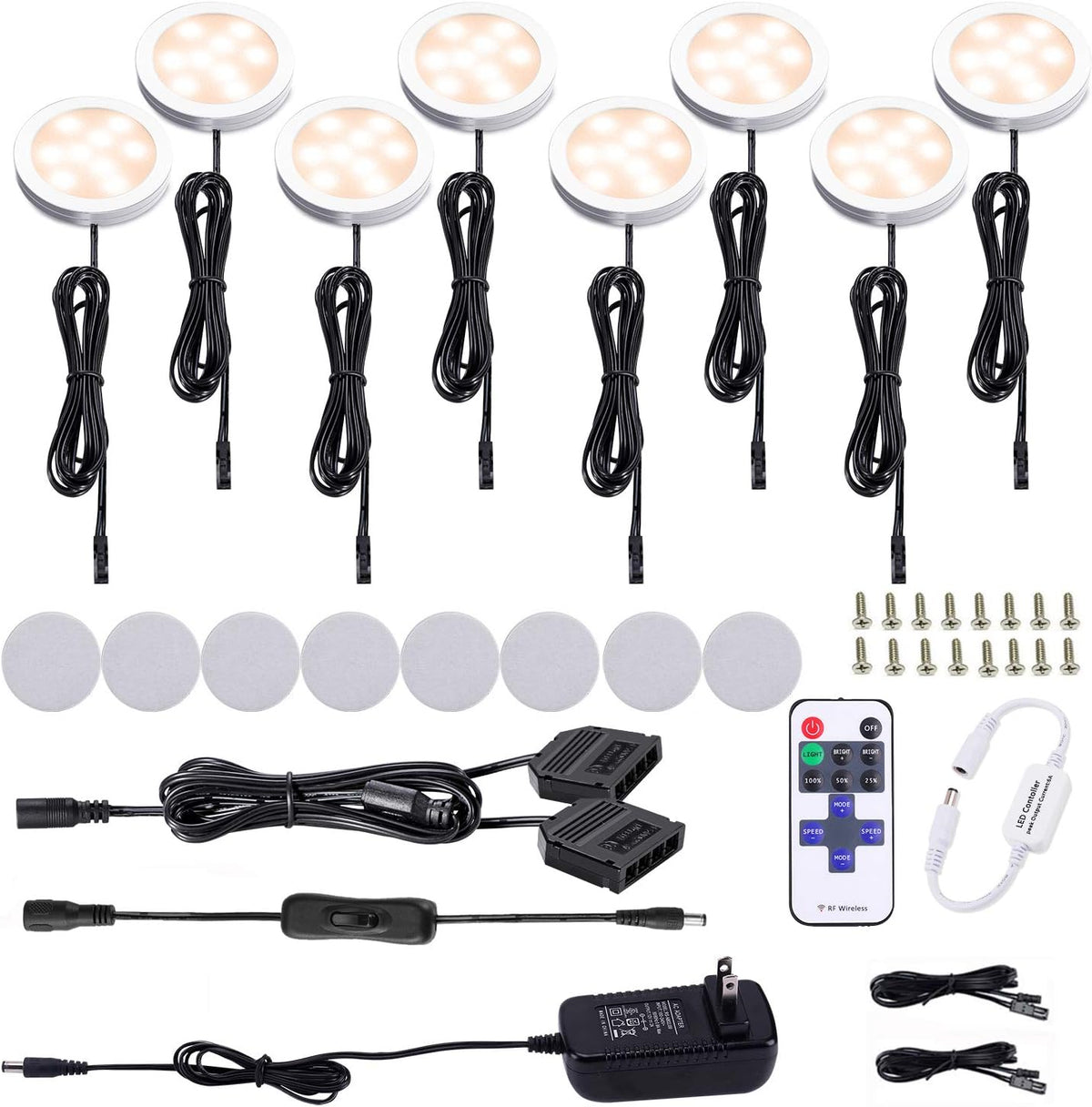 Black Cord Aluminum Puck Lights 8 Pack Dimmable with RF Wireless Remote Control V646