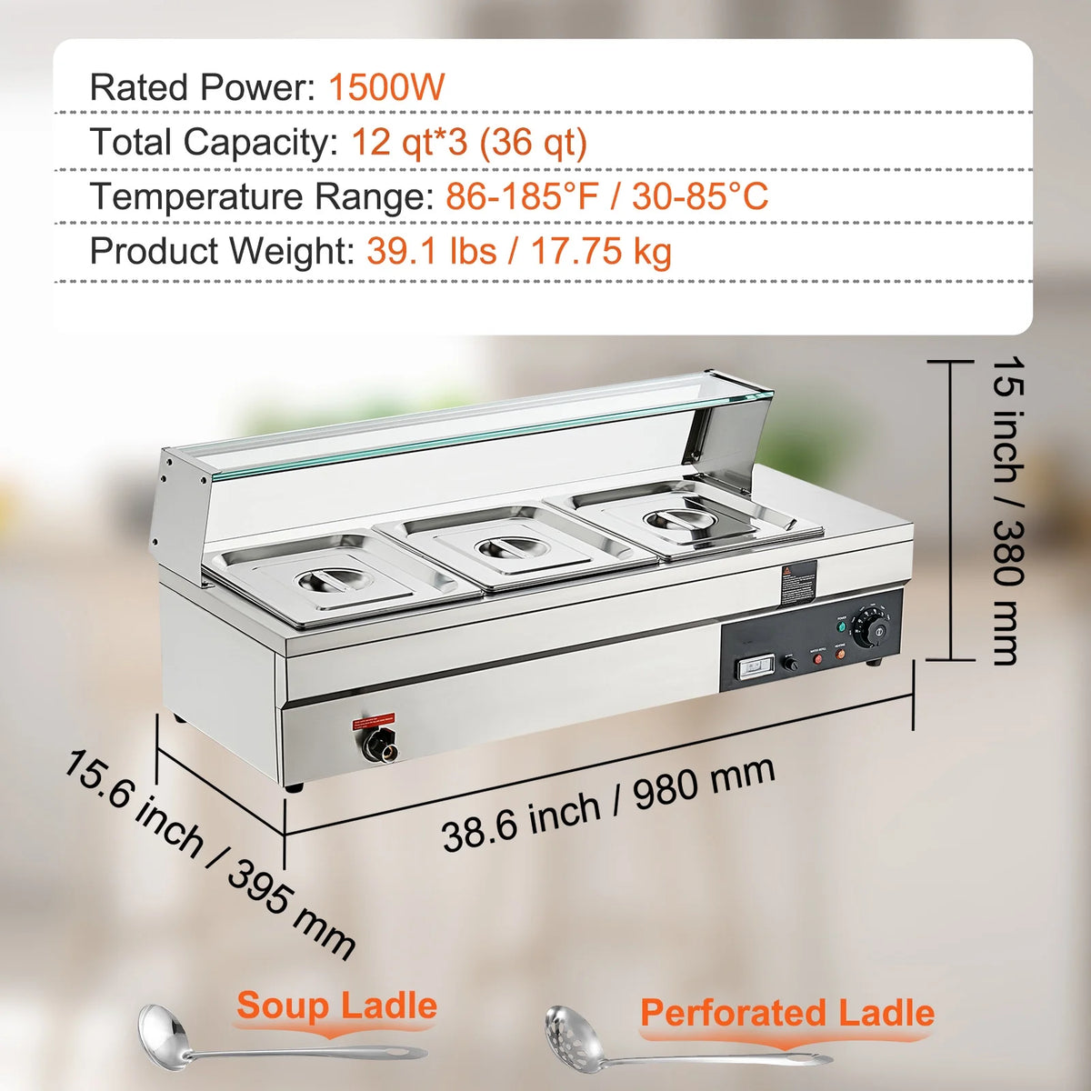 3*12Qt Commercial Food Warmer with Glass Shield Y8522