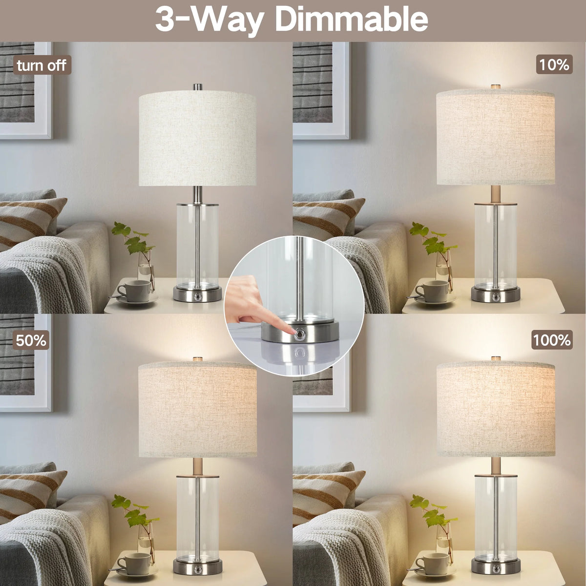 21.5" Modern Table Lamps Set of 2, 3 Way Dimmable Touch Lamps with USB C+A W92777