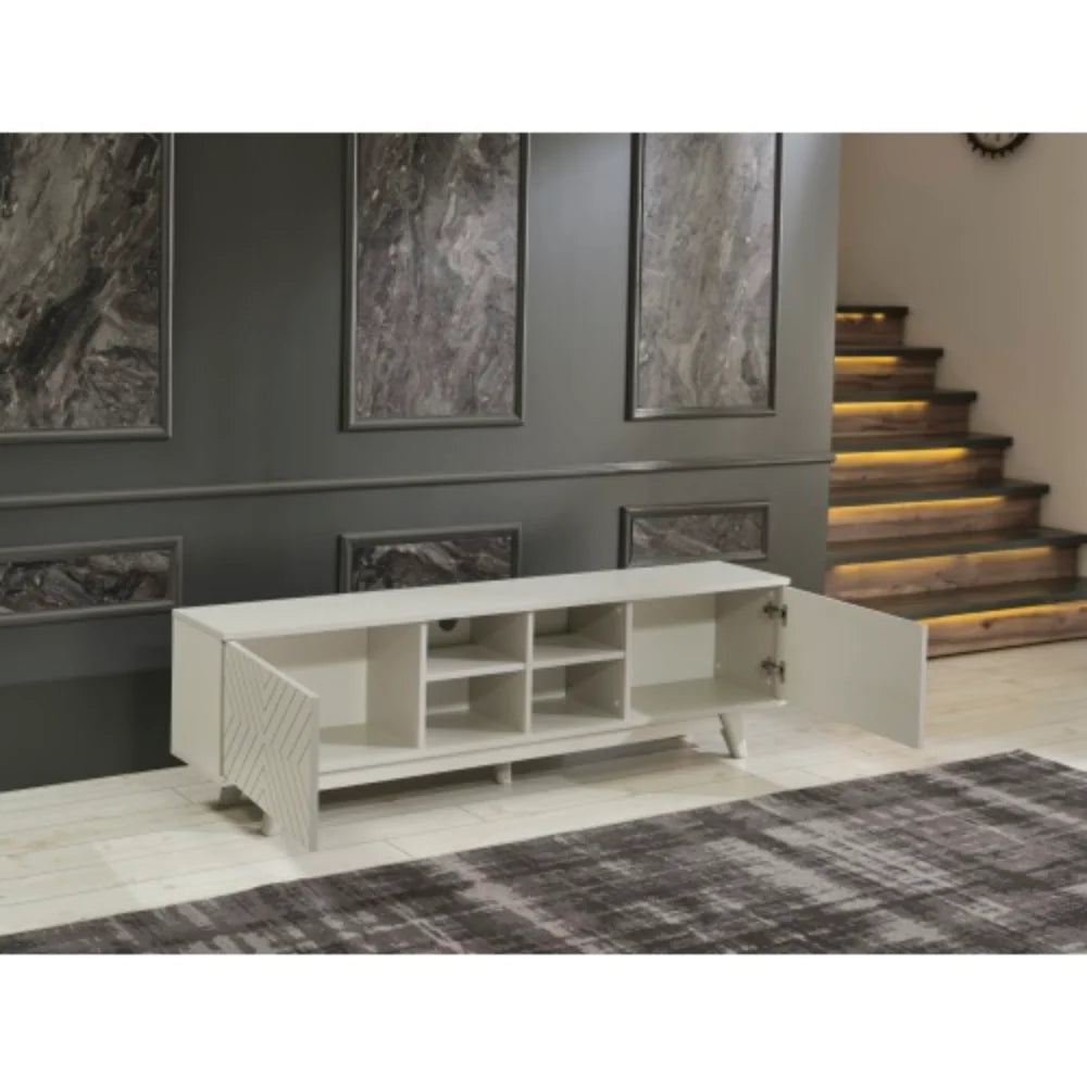 Mid Century Modern Tv Stand 2 Door Cabinet 4 Cubby Hole Shelves 67 inch Tv Unit, Grey S4401
