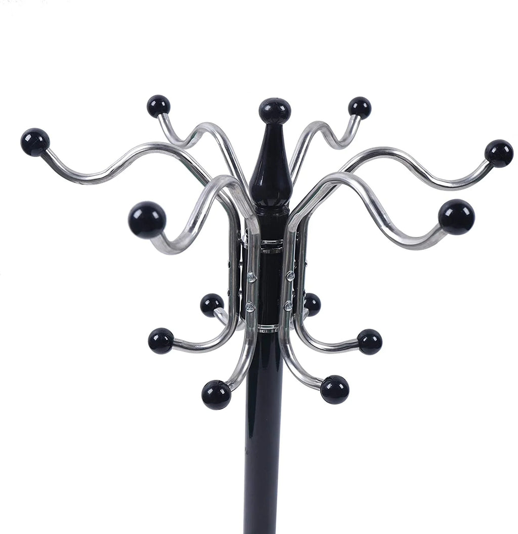 Black Metal Coat Tree with 16 Hooks and Marble Base A40163