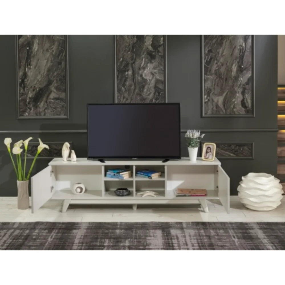 Mid Century Modern Tv Stand 2 Door Cabinet 4 Cubby Hole Shelves 67 inch Tv Unit, Grey S4401