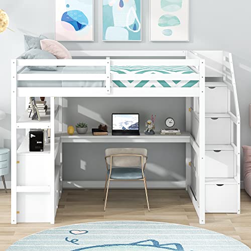 White Twin Over Twin Solid Wood Bunk Bed with Stairs and Trundle I985680