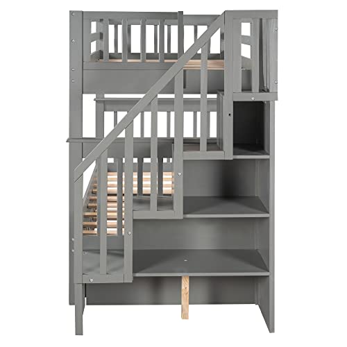 White Twin Over Twin Solid Wood Bunk Bed with Stairs and Trundle I985680