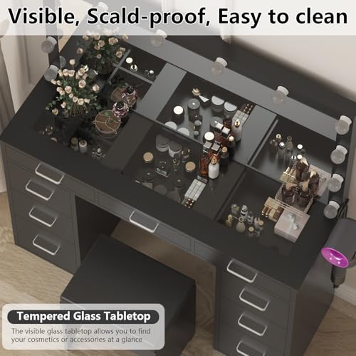 White Vanity Desk Set with Mirror and Lights, Glass Top, 9 Drawers, Power Outlet, Chair Y1688