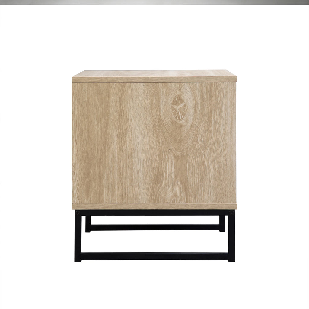 Coastal Modern Side Table with Drawer Natural Wood Top Black Metal Legs X304