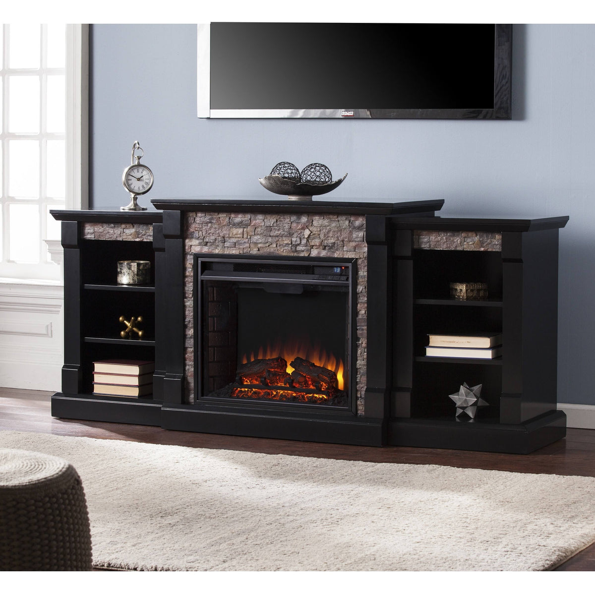 Black Faux Stone Electric Fireplace with Bookcases N72108