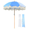 6Ft Fringe Patio Umbrella with Tassels & Carry Bag Wood Blue N9591