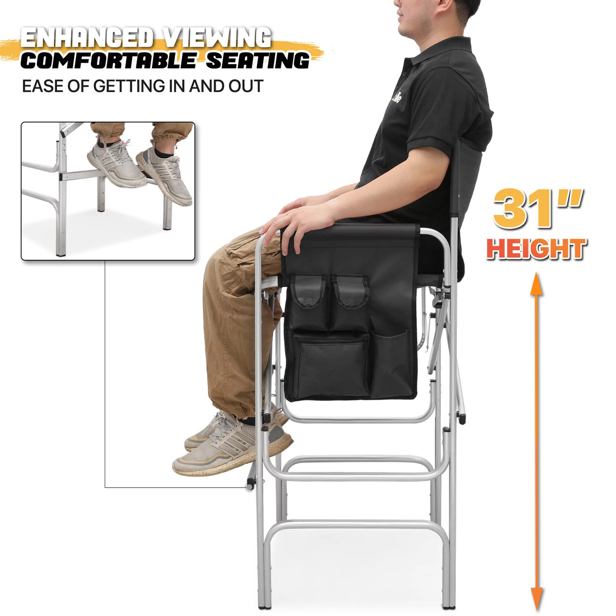 Folding Camping Director Chair with Side Table & Storage Pocket, Black X18067