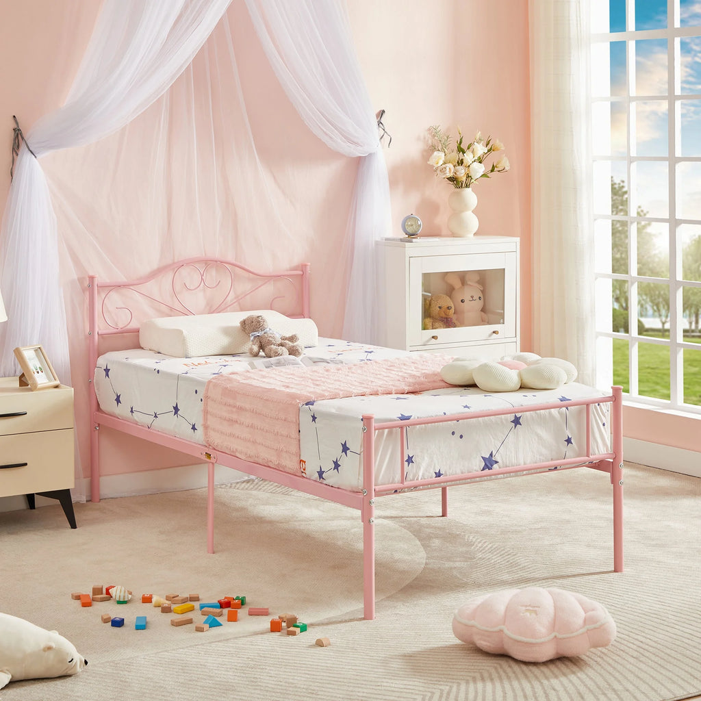 Set of 2 Twin Size White Metal Platform Bed Frame with Headboard M199