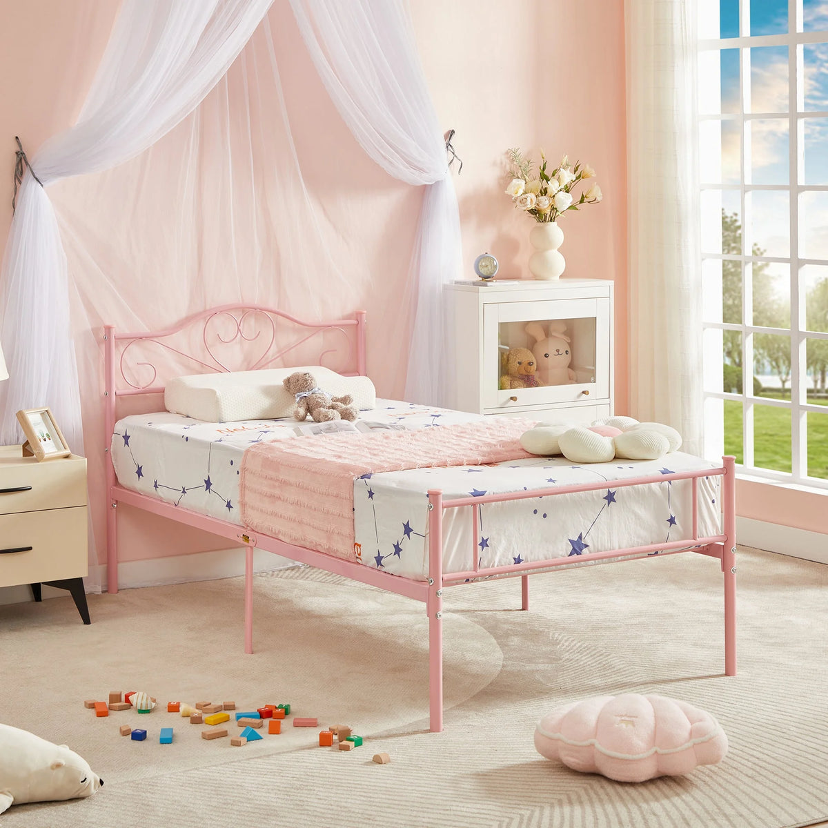 Set of 2 Twin Size White Metal Platform Bed Frame with Headboard M199