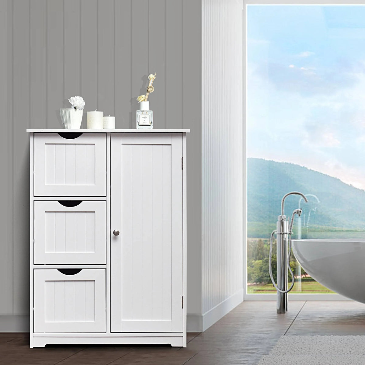 Grey Wooden Bathroom Floor Cabinet with 1 Cupboard and 3 Drawers J36163