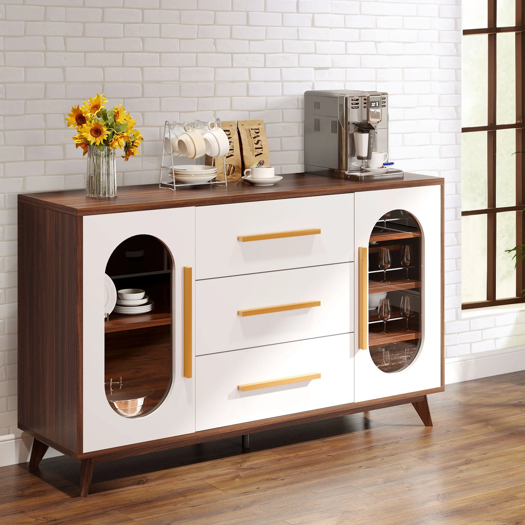 Brown 3 Drawer 2 Glass Door Sideboard Storage Cabinet H85928