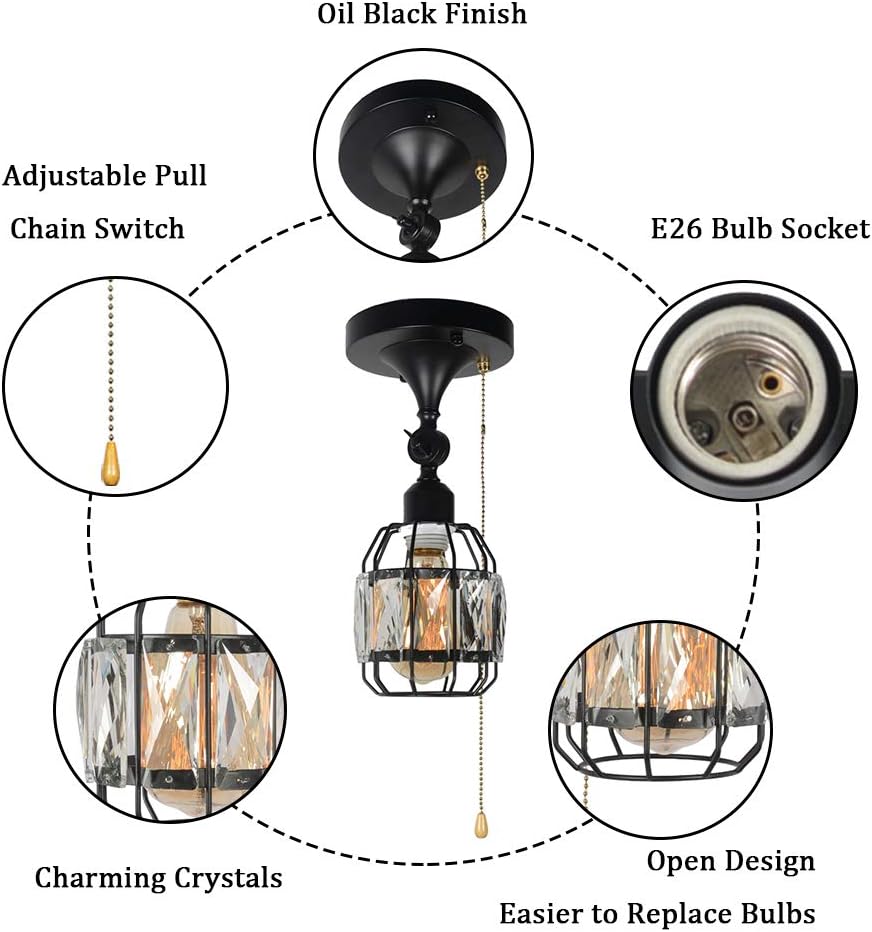 Black Metal Round Semi Flush Mount Ceiling Light with Pull Chain 3 Lights E26 L35696