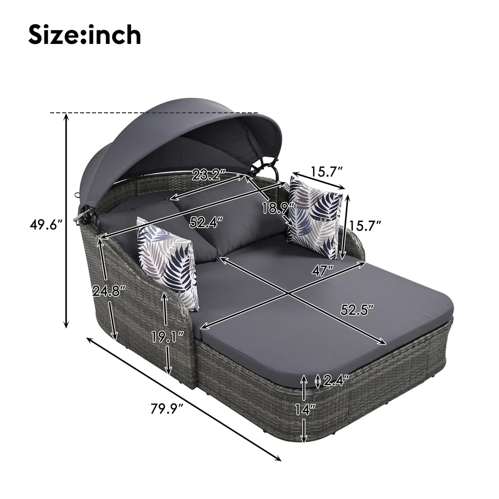 PE Rattan Double Lounge Daybed with Canopy and Cushions V2088