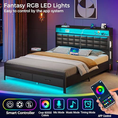 Black Full Size Upholstered Platform Bed Frame with Storage Headboard and 2 Drawers P67277