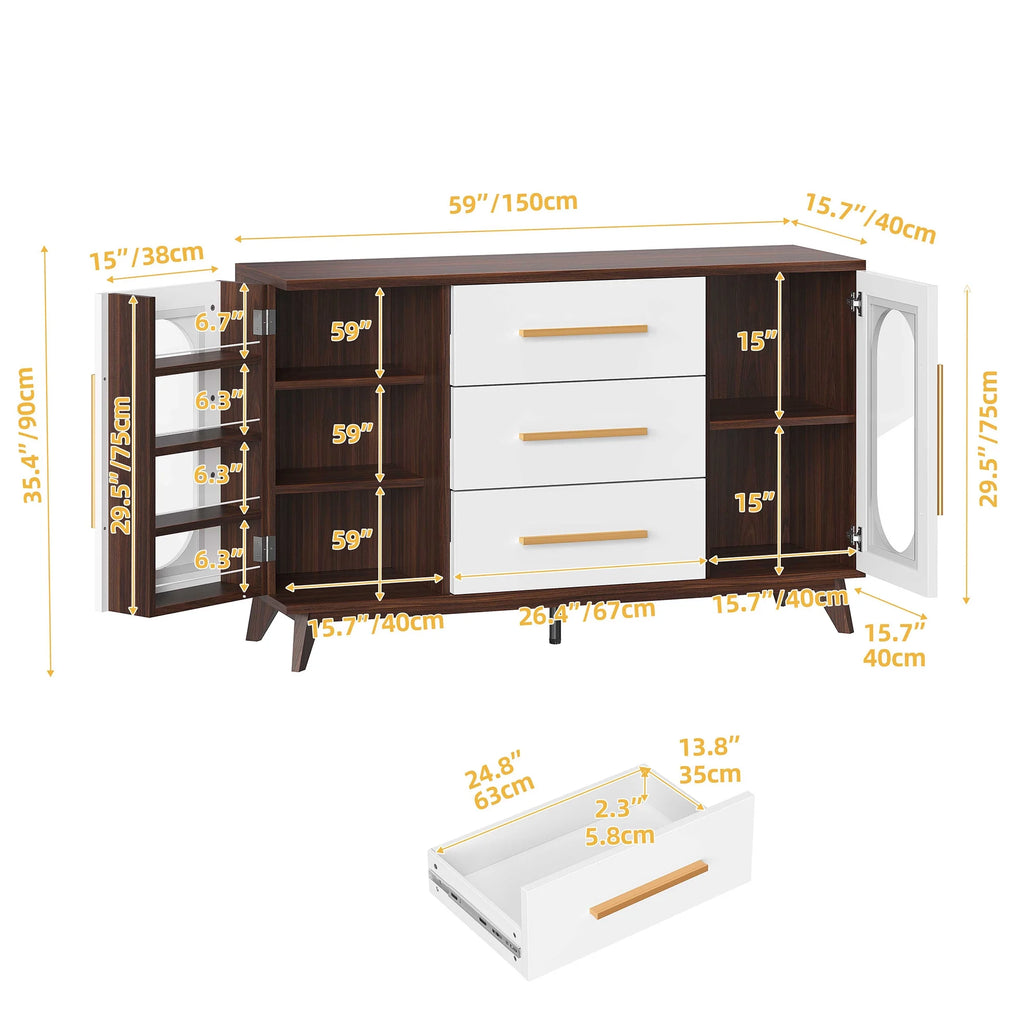 Brown 3 Drawer 2 Glass Door Sideboard Storage Cabinet H85928