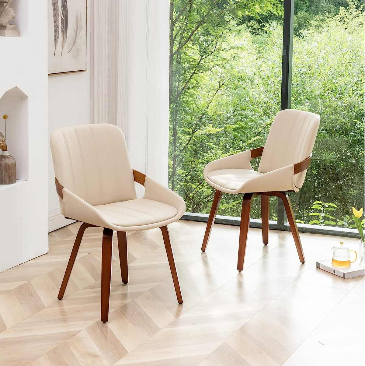 Beige Faux Leather Upholstered Dining Chairs Set of 2 with Natural Wood Legs V960609