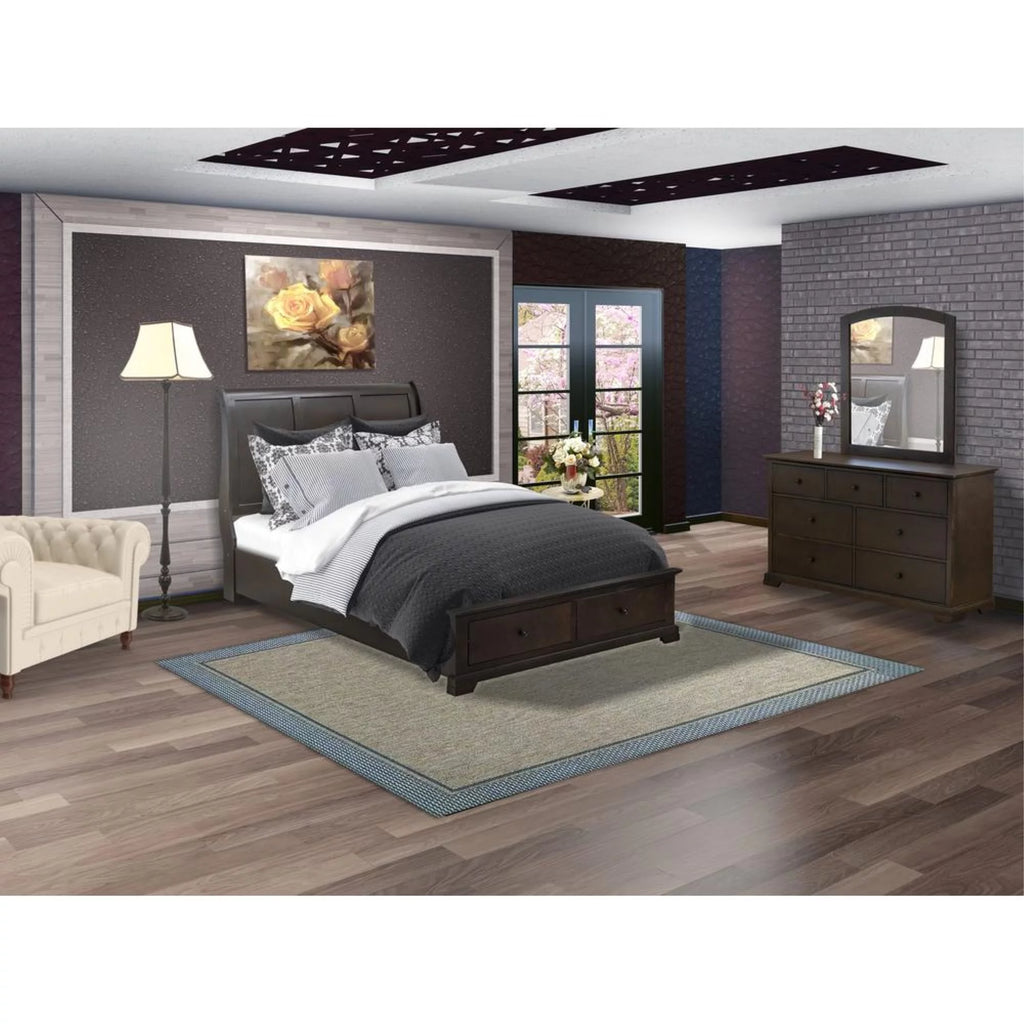3 Pc Bedroom Set with Platform Bed Mirror and 6 Drawer Dresser A817